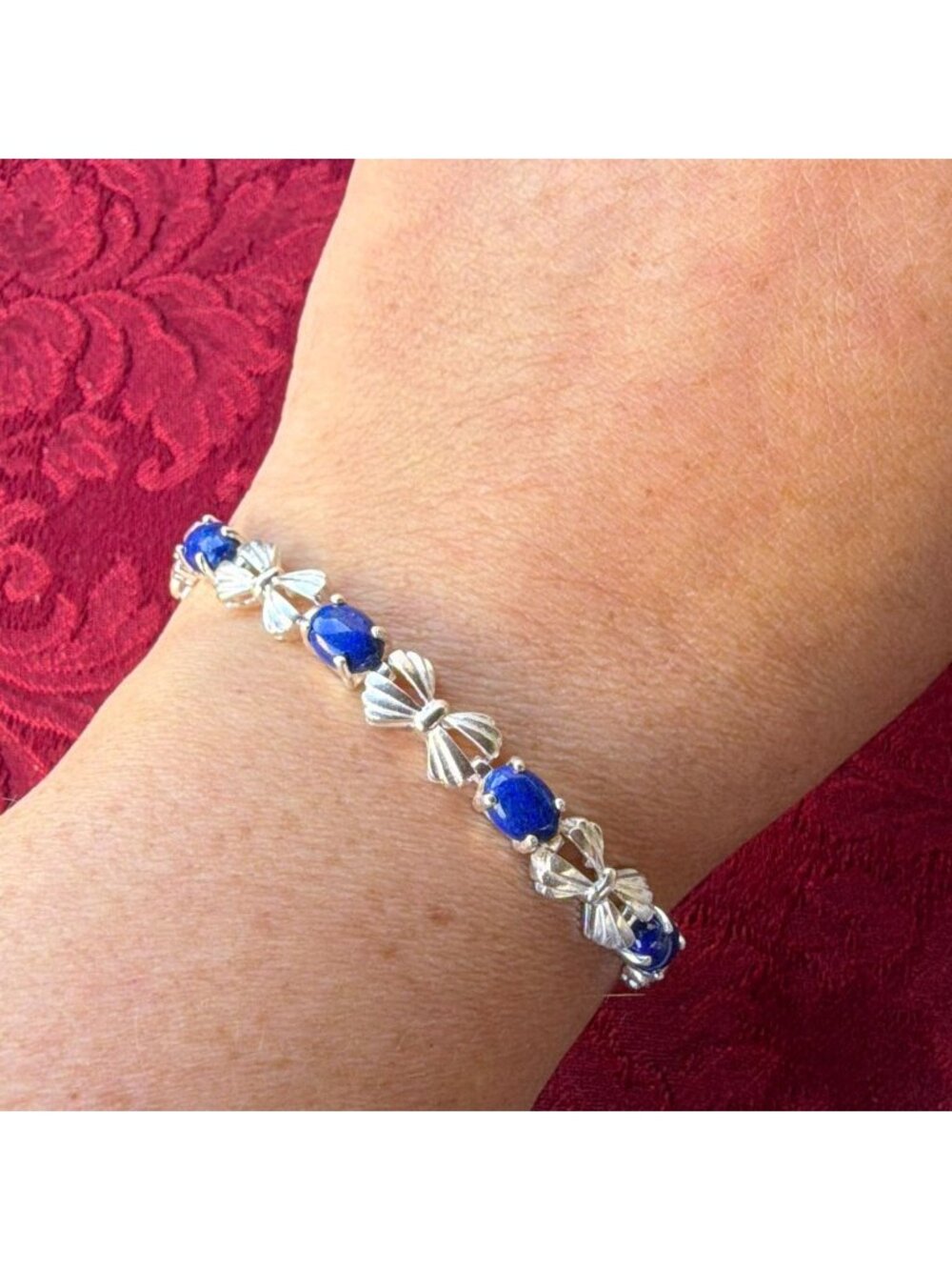 Vintage 925 Sterling Silver Lapis Lazuli Ribbon Bow Art Deco Link Bracelet